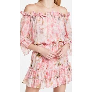Misa Danae Chiffon Ruffled Off Shoulder Mini Dress M NEW Abstract Floral Print